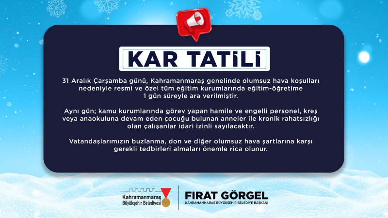 31 Aralık’ta Eğitime 1 Günlük Kar Arası!