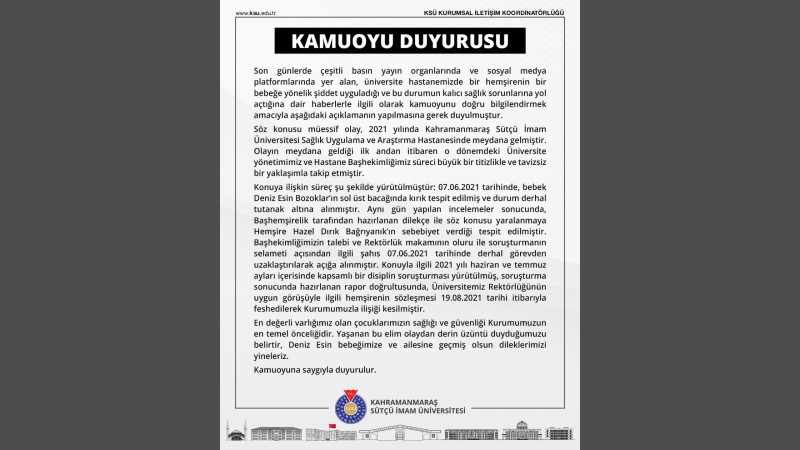 KSÜ’den Bebek Deniz Esin Olayına İlişkin Kamuoyu Açıklaması